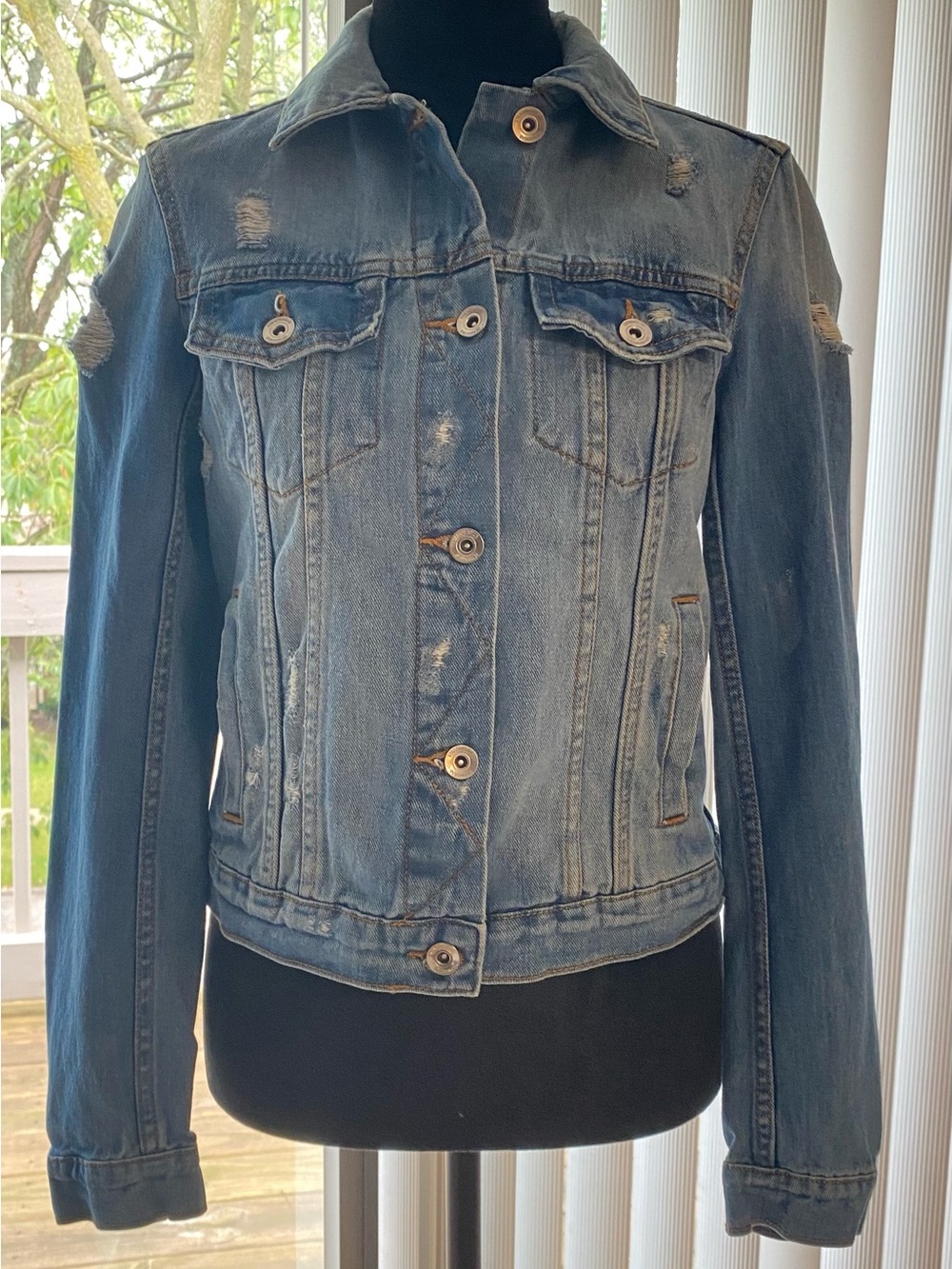 stradivarius Distressed Blue Denim Jacket